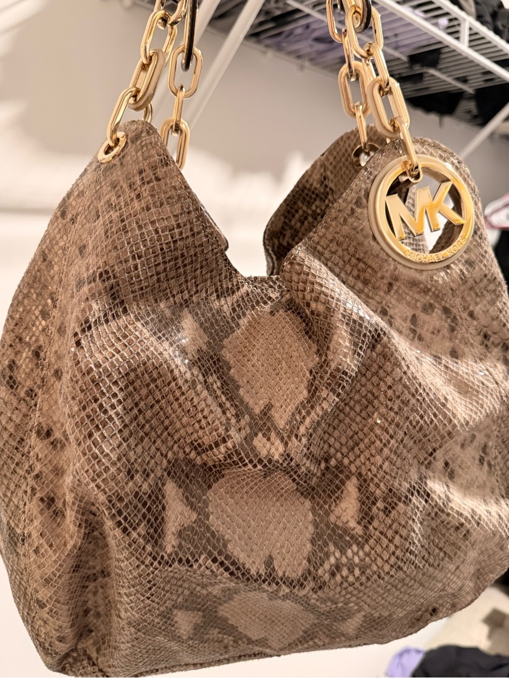 Michael Kors Brown Taupe Snake-Print Shoulder Bag with Gold Hardware
